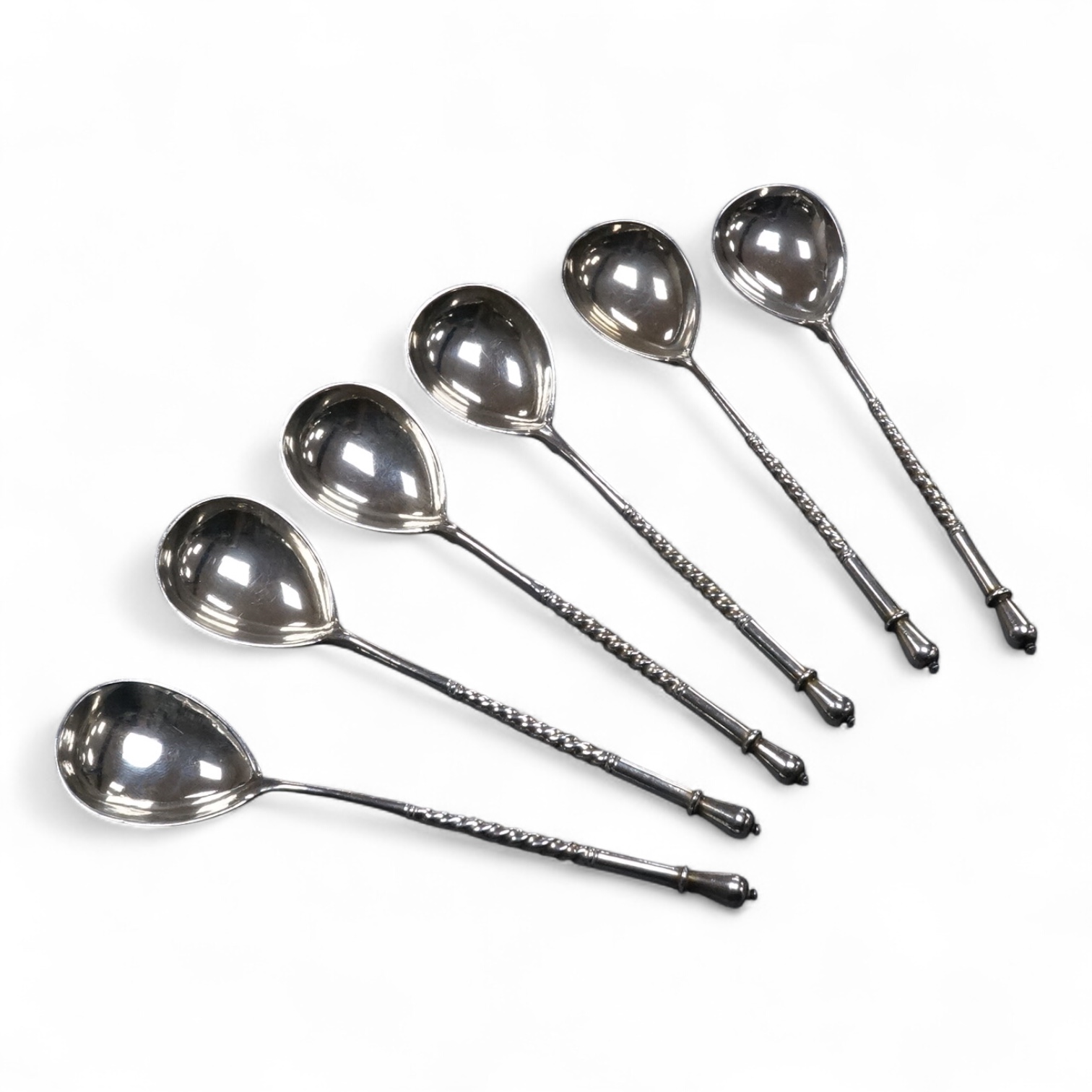 A set of six late 19th century Russian 84 zolotnik teaspoons, with spiral stems, indistinct master, Moscow, 1894, 13.3cm, 4oz.